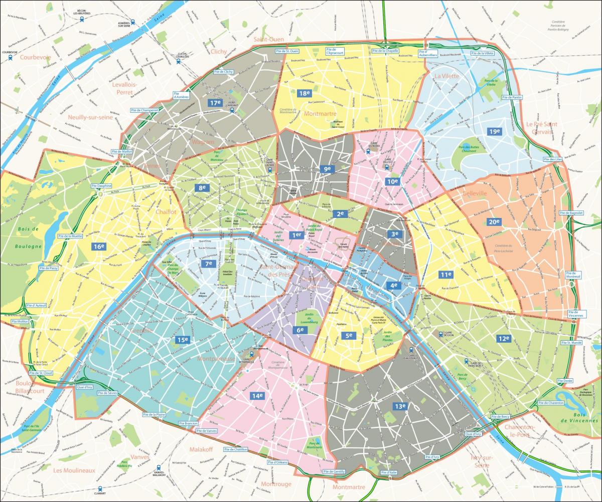 Žemėlapis arrondissements Paryžiaus