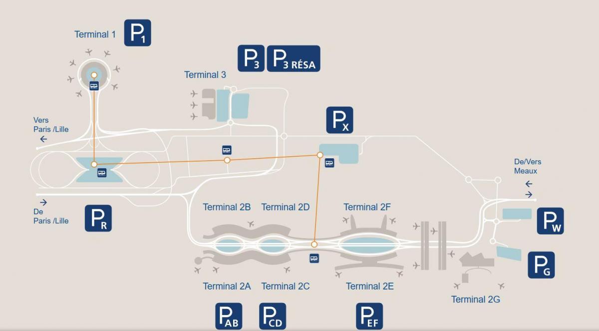 Žemėlapis CDG oro uosto, automobilių stovėjimo aikštelė
