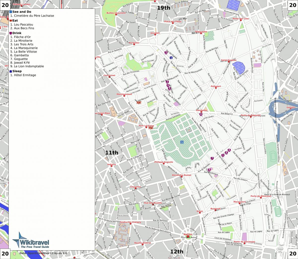 Žemėlapis 20 arrondissement Paryžiaus