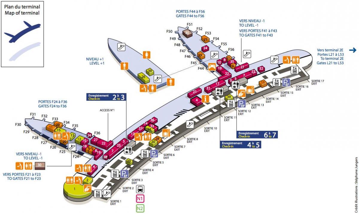 Žemėlapis CDG oro uosto terminalą 2F