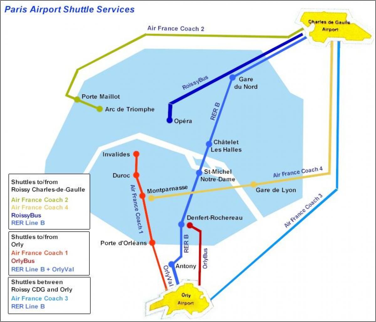 Žemėlapis iš Paryžiaus oro uosto maršrutiniu